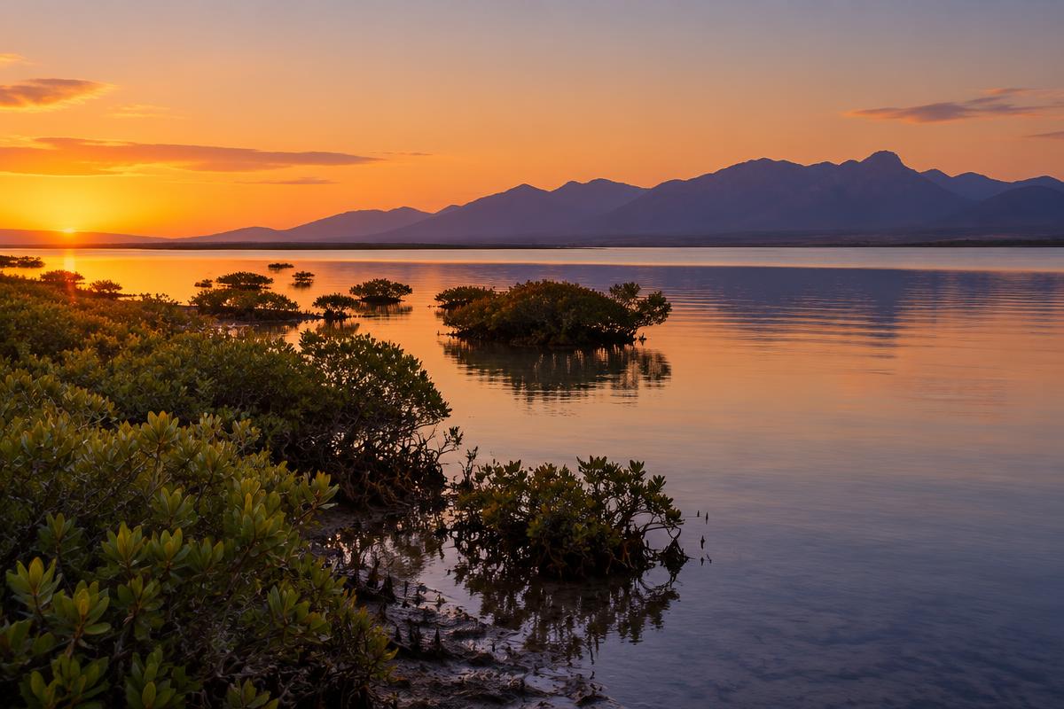 Mangroves on the Spencer Gulf at dusk with the Flinders Ranges beyond.